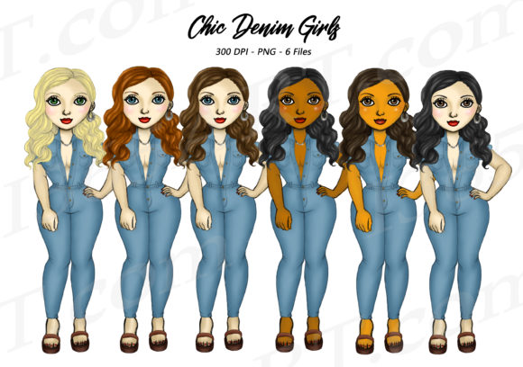 Denim Fashion Girls Clipart Set PNG